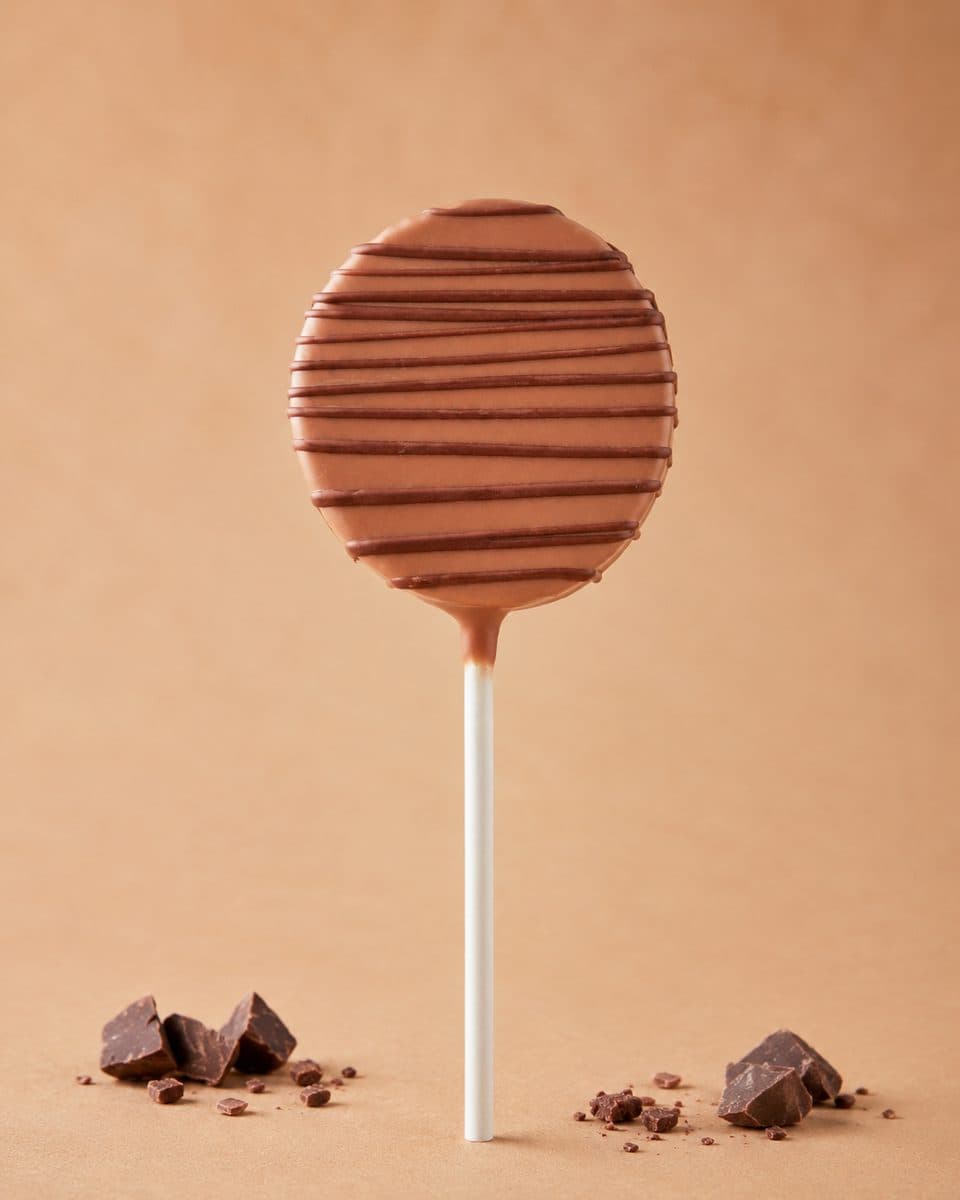 A milk chocolate cake pop with fine chocolate stripes, chunks of chocolate scattered at its base.
