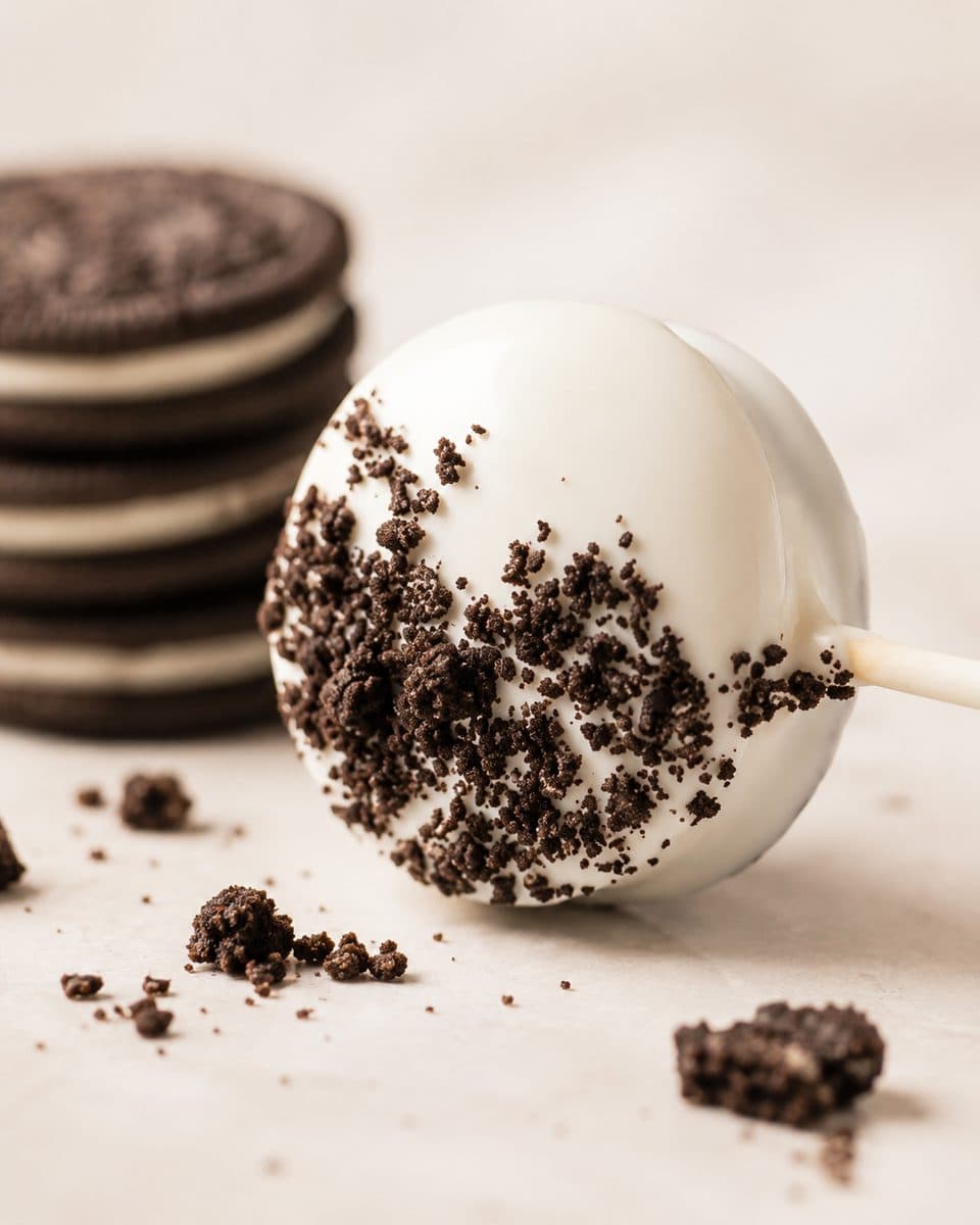 A white-chocolate cake pop rolled in dark cookie crumbs, a stack of chocolate sandwich cookies behind it.