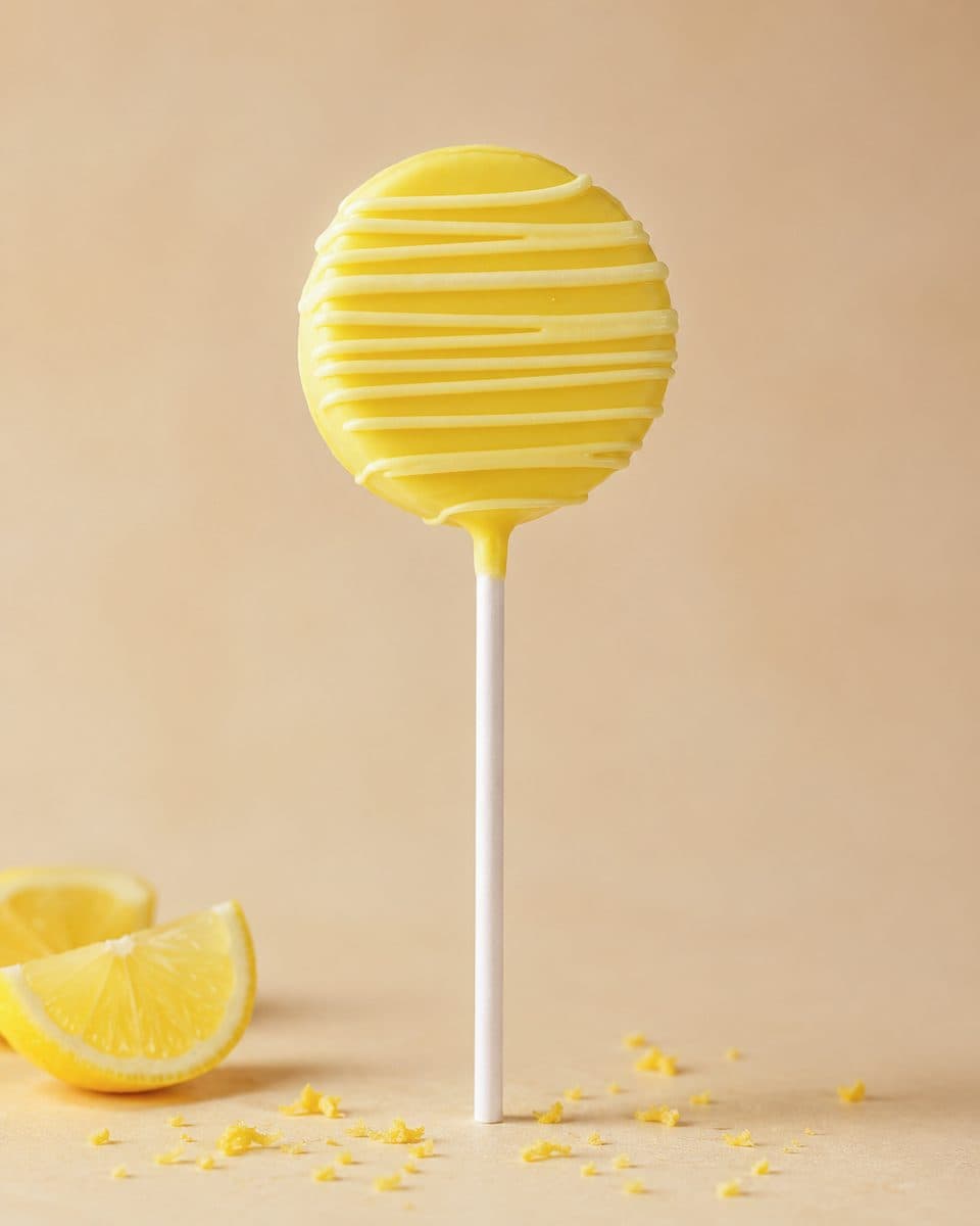 A lemon-yellow cake pop drizzled in white stripes, with fresh lemon wedges beside it.