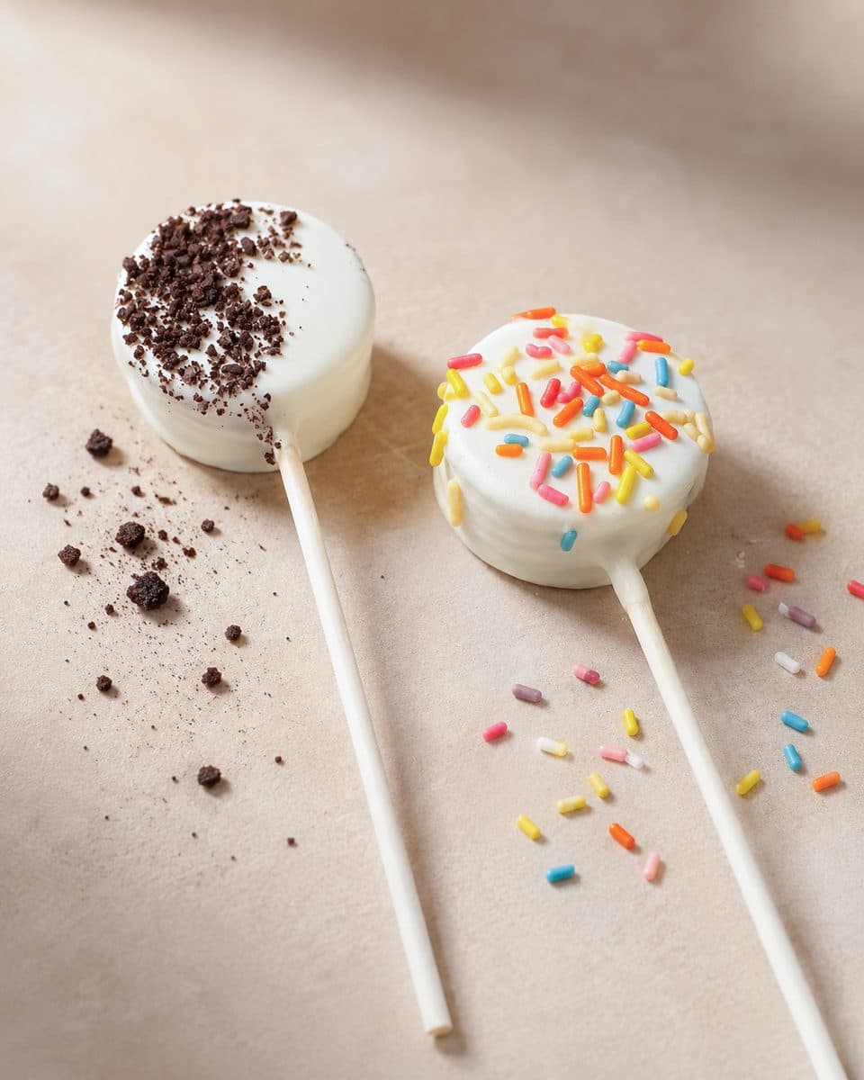 Two hand-dipped cake pops on a pale surface — one rolled in cookie crumbs, one in rainbow sprinkles.