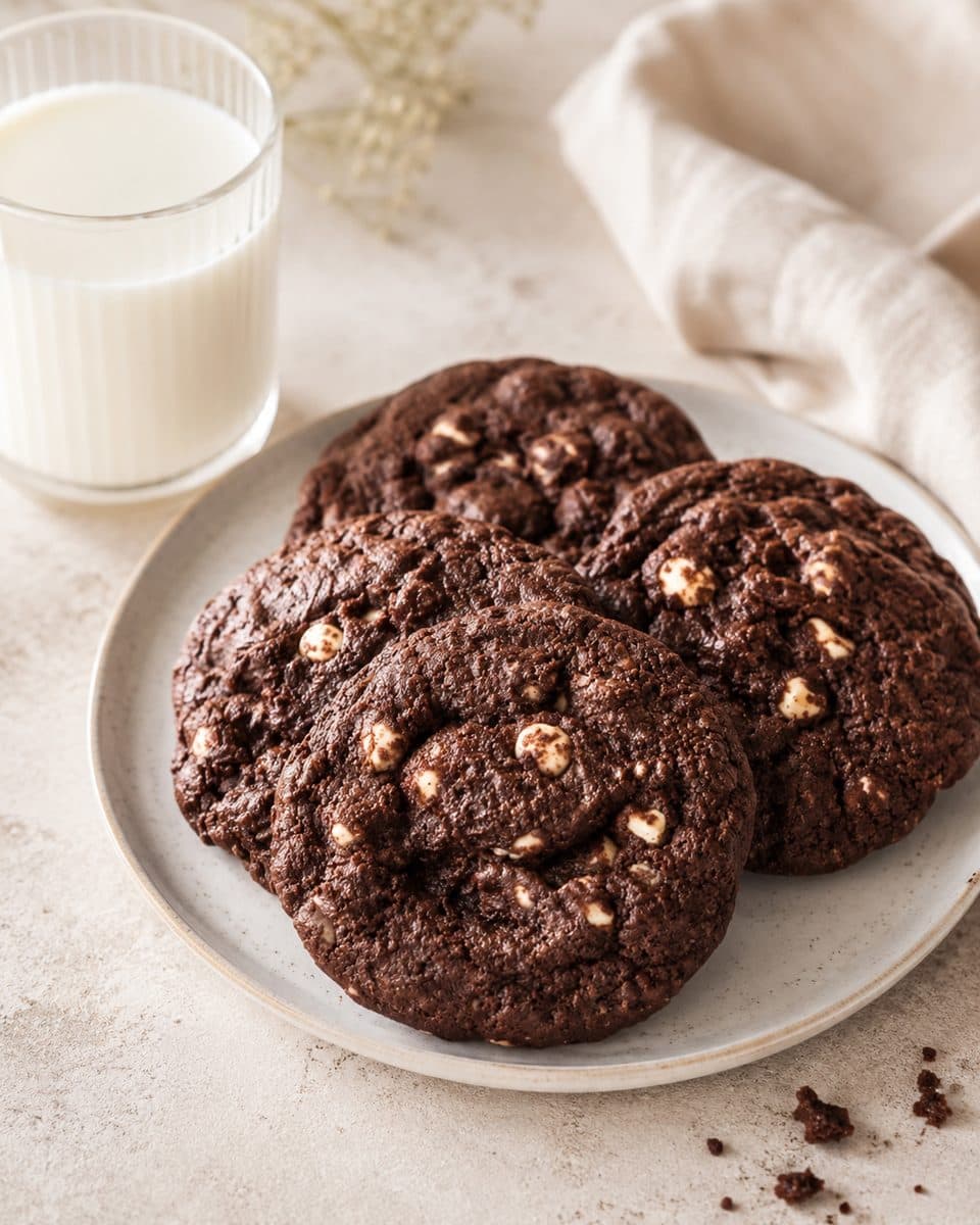 A plate of thick double chocolate cookies studded with white chocolate chips, beside a glass of milk.